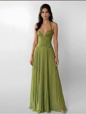 Olive Green Pleated Halter Evening Dress